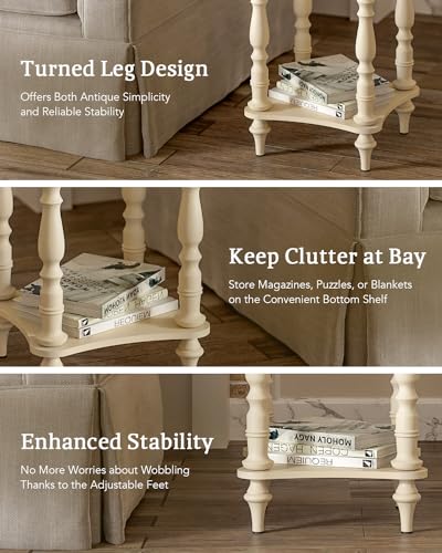 VONLUCE French Country End Table, 19'' Round Farmhouse Side Table, Distressed Wood Tray Top Rustic Accent Table for Living Room Bedroom, Small Space, Beige