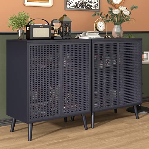 JZXSHD Buffet Cabinet, Metal Rattan Sideboard Kitchen Storage Cabinet Accent Modern Buffet Sideboard 2 Doors for Kitchen Room Living Room Hallway, Black