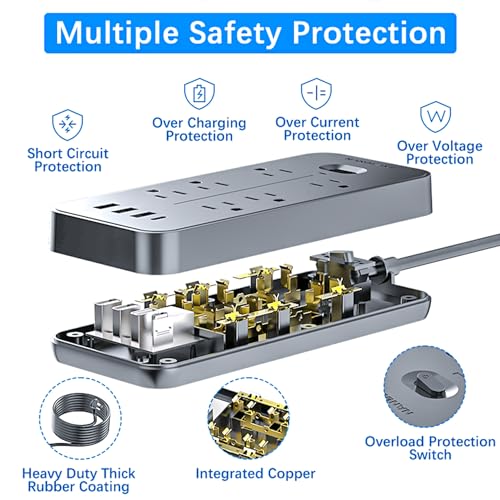 Power Strip Surge Protector with USB Ports (3A&1C),6FT Extension Cord, 6 AC Outlets, 1700 Joules Protection - Compact & Wall-Mountable, Ideal for Home, Office & Dorm (Bright Black)