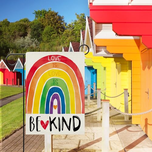 Dyrenson Love is Love Rainbow Decorative Garden Flag, Be Kind LGBTQ Gay Lesbian Heart Yard Outside Pride Month Home Decoration, LGBT Bisexual Pansexual Burlap Outdoor Small Decor Double Sided 12 x 18