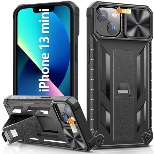 SOiOS for iPhone 13 Mini & 12 Mini Rugged Case: with Kickstand & Slide 13mini 12mini Protective Cell Phone Cover Military Grade Drop Protection Durable Tough Hard | Shockproof Textured Bumper- Black