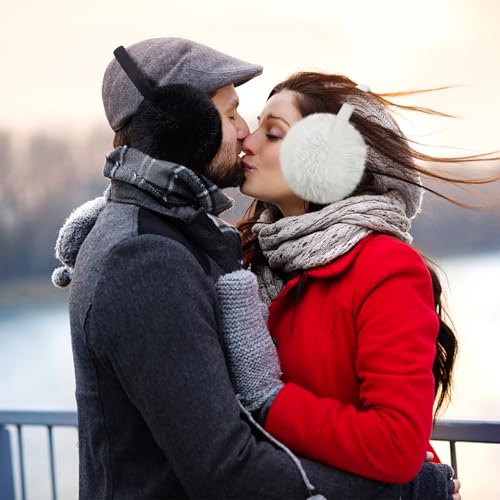 MADHOLLY 2 Pack Upgraded Adjustable Faux Fur Earmuffs- Soft Warm Ear Muffs for Winter Women Men- Ear Covers Ear Warmers for Most Adults (Black & White)