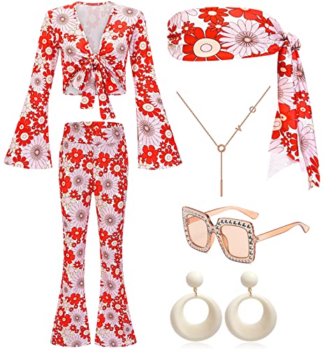 70s Outfits for Women,1970s Costume Top Shirts Clothes Disco Pants 70's Sunglasses Earrings Headband Hippie Decades Halloween Accessories,Tomato,XL