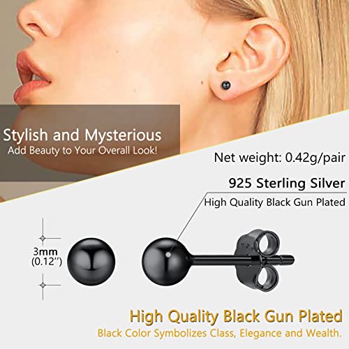 Sterling Silver Black Ball Stud Earrings Women 3mm Small Second Piercing Earrings Sensitive Ears Hypoallergenic
