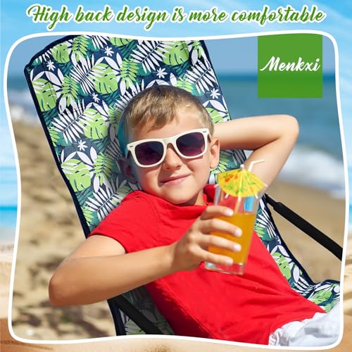 Menkxi 6 Pack Low Beach Chairs, Portable Lightweight Folding Chair for Adults, Low Seat Camping Chairs with Cup Holder, Carry Bag for Outdoor Beach Lawn Sand Picnic Travel(High Back, Green Strips)