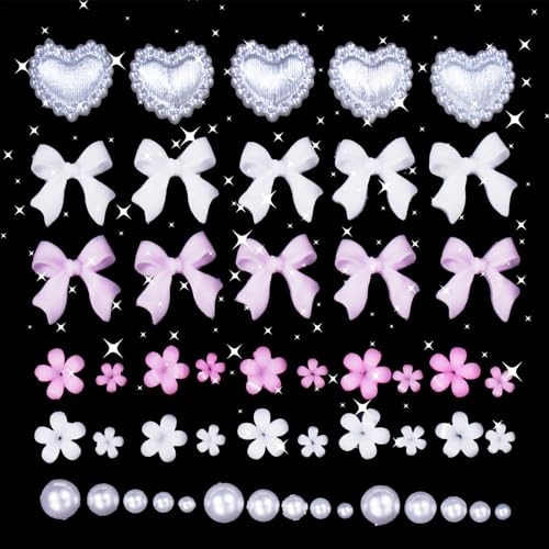 3D Pink Color White Flower Nail Charms Acrylic Bowknots Heart Nail Charms Tiny Flower Heart Pearls Nail Art Charms with Flatback Round Pearls Beads Charms for Nail Art DIY Crafting Decal Accessories