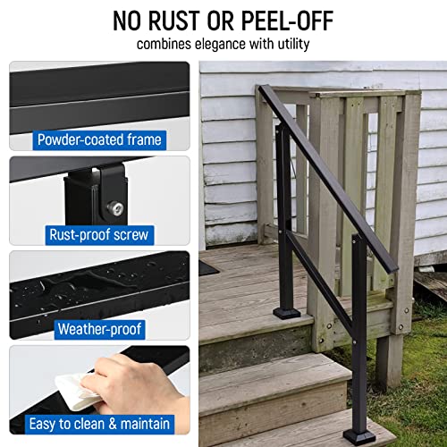Handrails for Outdoor Steps Fits 1 to 3 Steps Stair Railing for Outdoor, Wrought Iron Handrail with Installation Kit for Concrete Steps, Porch Steps (3 Steps), Matte Black