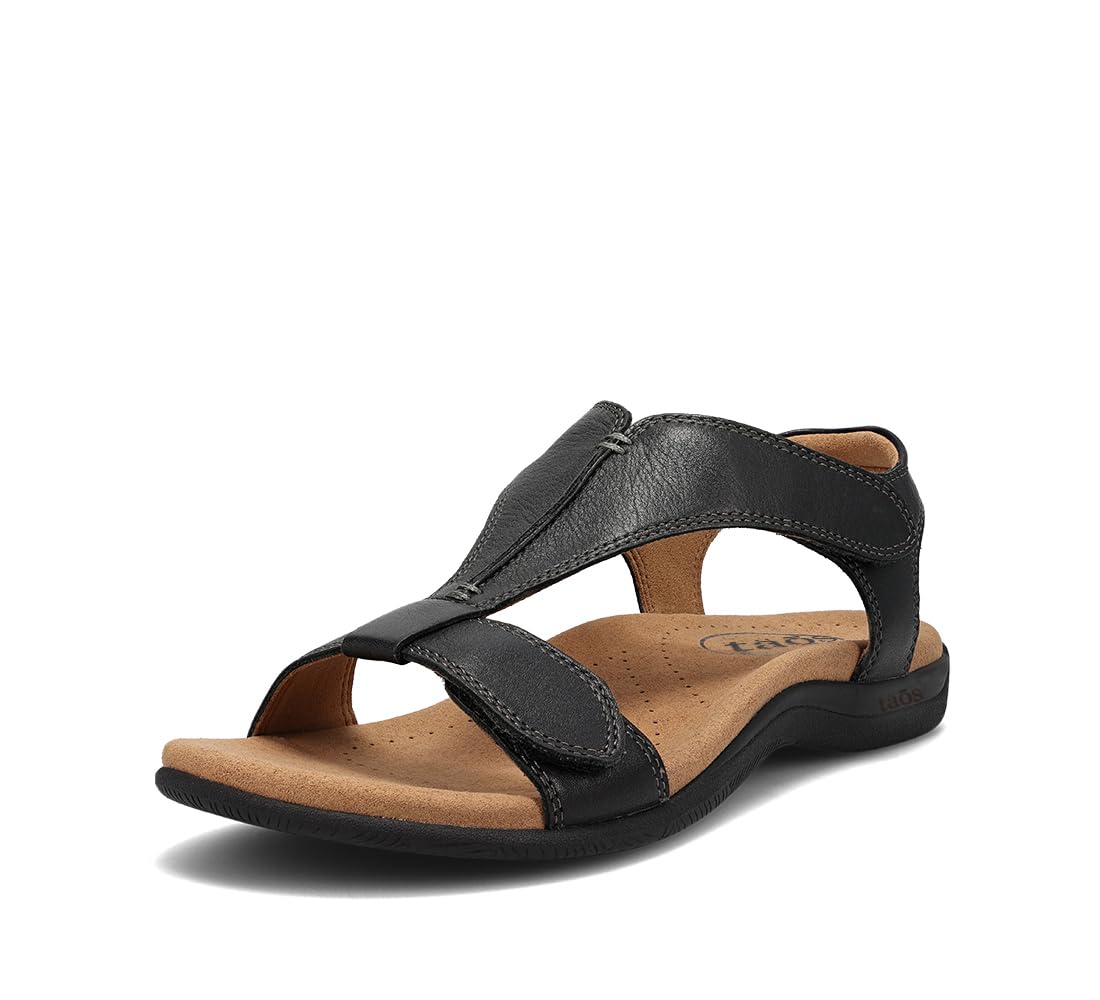 Taos The Show Premium Leather Women's Sandal - Experience Everyday Style, Comfort, Arch Support, Cooling Gel Padding and an Adjustable Fit for Exceptional Walking Comfort Black 8 (M) US