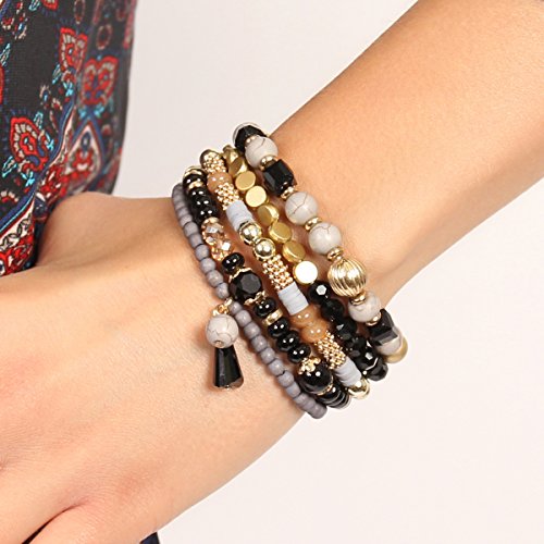RIAH FASHION Bohemian Mix Bead Multi Layer Versatile Statement Bracelets - Stackable Beaded Strand Stretch Bangles Sparkly Crystal, Tassel Charm (Mix Bead Wood Charm Stretchy Set - Purple)