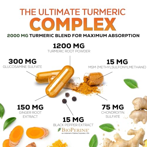 Turmeric Curcumin Supplement 2000mg with Glucosamine Chondroitin & Ginger, 95% Curcuminoids, BioPerine Black Pepper for Best Absorption, Nature's Joint Support, Non-GMO, Bottled in USA - 60 Capsules
