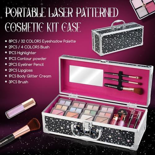Color Nymph Beginners Makeup Kit With Train Case For Teenagers Girls, Full Starter Cosmetics Set Included 32 Colors Eyeshadow, Bronzer, Contour Powder, Blush, Highlighter, Lip Gloss (Black)