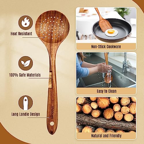 Mooues Wooden Spoons for Cooking, Wooden Utensils for Cooking Natural Teak Wooden Kitchen Utensils Set Comfort Grip (3 PCS SET)
