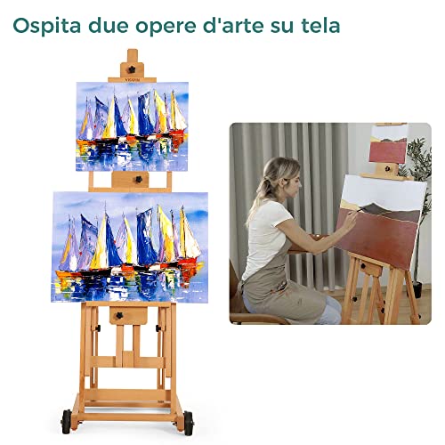 VISWIN Studio H-Frame Easel, Tilting Flat & Adjustable Beech Wood Art Easel for Painting, Movable Large Easel Stand for Adults, Artists, Hold 1 or 2 Canvas up to 78" - Natural
