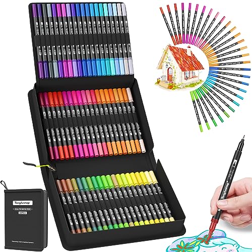 Tongfushop 60 Colors Dual Tip Brush Markers, Brush and Fineliner Coloring Brush Pens Set, Art Pen for Adults Coloring Books, Holiday Cards Drawing, Lettering, Calligraphy, Journaling, Doodling