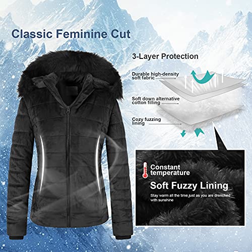 Chrisuno Lady Short Winter Puffer Coat Full Zip Soft Fleece Liner Lightweight Warm Velvet Jackets S Black