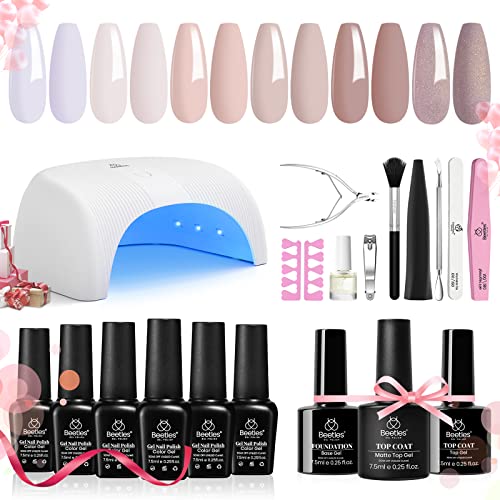 Beetles Gel Nail Polish Kit with Uv Light Base Gel Top Coat, 6 Colors Nude Neutral Gel Polish Starter Kit, Soak off Led Gel Polish Set DIY Manicure Home Nail Essentials Gift for Girls Women