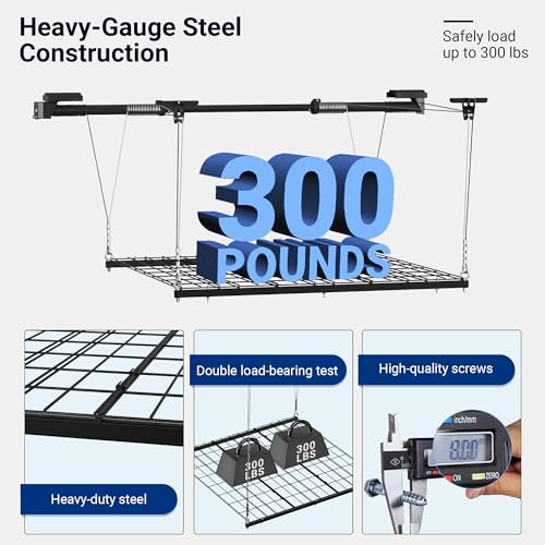 FLEXIMOUNTS GL1 Overhead Garage Lifting Storage Rack, 4x4 Ft Heavy-Duty Metal Garage Ceiling Rack, Adjustable Organization System, 300lbs Weight, Black