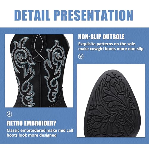 Vepose Women’s Black Cowboy Mid Calf Boots, Cowgirl Western Embroidered Chunky Low Heel 9800 Boots with Zipper, Size 6M US, (CJY9800 Black 06)