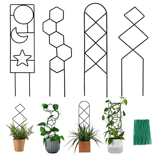 Wellsign Plant Trellis for Climbing Plants Indoor, 15.94Inch Small Garden Metal Houseplant Trellis for Potted Plants Outdoor with 4 Patterns for Vine Ivy Flower Plant Support Lover Lattice