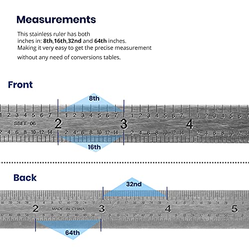 Pacific Arc Stainless Steel Ruler with 8th, 16th,32nd, and 64th Inch Graduations, 06 Inches