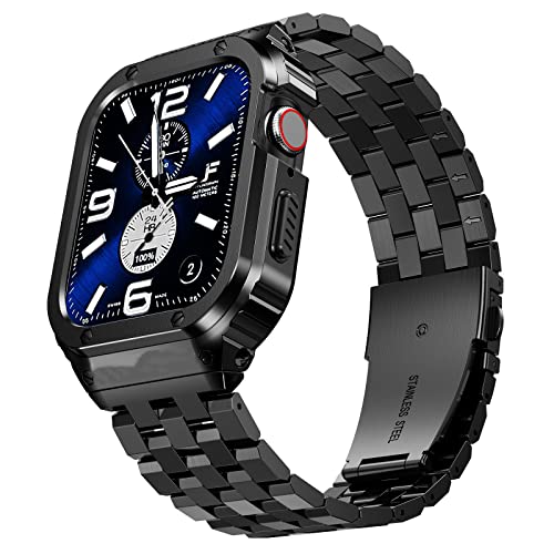SUPLINK Stainless Steel Case and Band Compatible with Apple Watch Bands 38mm 40mm 41mm,Metal Rugged Cover Bumper Strap for iWatch Apple Watch Series 9 8 7 6 5 4 3 2 1 SE Men Women Black