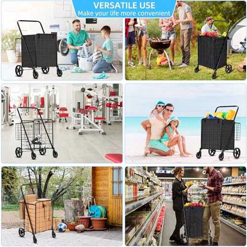 HABUTWAY Folding Shopping Cart with Removable Oxford Cloth Liner, Grocery Cart on Wheels,360°Swivel Wheels,Heavy Duty Shopping Carts for Groceries, 220lb Capacity Black
