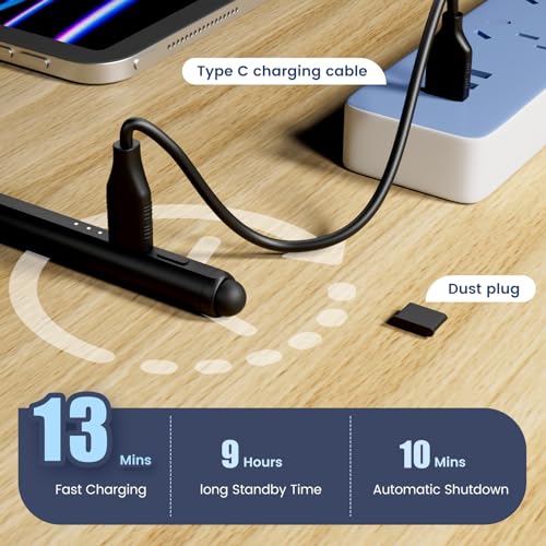 Stylus Pen for iPad, 13 mins Fast Charge Apple iPad Pencil, Dual-Tip Active Stylus, Palm Rejection, Tilt Sensitivity, Work w/iPad Pro 11/12.9in, iPad 6/7/8/9/10, iPad Air 3/4/5, iPad Mini 5/6 - Black