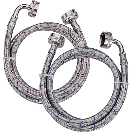 Washing Machine Hoses 4 Ft Premium Stainless Steel Braided Hose with 90 Degree Brass Elbow, Burst Proof (2 Pack) Red and Blue Water Connection Washer Inlet Supply Lines by TRUSTMI