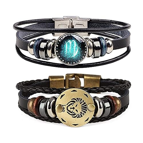 Dcfywl731 2Pcs Libra Zodiac Bracelets for Women 12 Constellations Multilayer Leather Bracelet Handmade Woven Zodiac Sign Wrap Wristband Cuff Bracelet Zodiac Gifts for Birthday Christmas