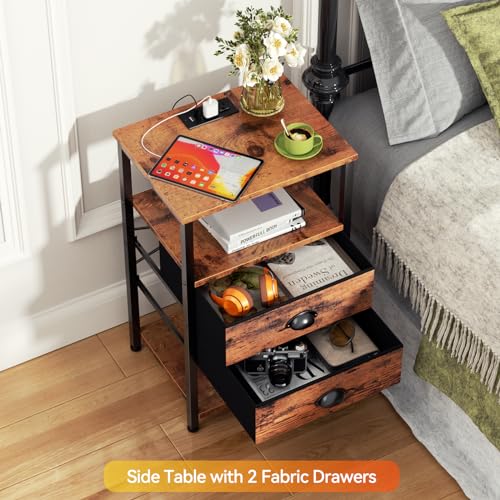 Furologee Nightstand with Charging Station, White Night Stand with LED Lights, 3-Tier Storage End Table with Fabric Drawers, Side Table with USB Ports & Outlets for Lving Room/Bedroom
