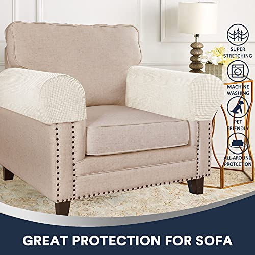 Stretch Sofa Armrest Covers Spandex Jacquard Arm Covers for Chairs and Sofas Anti-Slip Couch Armrest Covers with Sticker Furniture Armrest Protector for Sofa Couch Chair Recliner, Set of 2, Beige