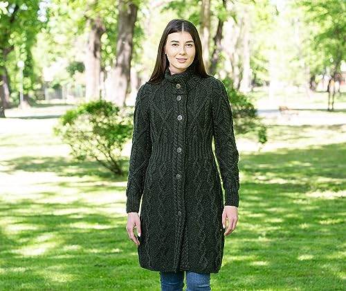 SAOL 100% Merino Wool Aran Cable Long Knit Women Cardigan Coat with Celtic Knot Buttons (Army Green, X-Small)