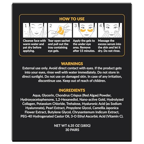 Under Eye Patches for Dark Circles and Puffy Eyes (30 Pairs), 24k Gold Eye Mask for Dark Circles and Puffiness with Vitamin C, Hyaluronic Acid, and Pearl Extract, Collagen Eye Gel Pads for Puffiness