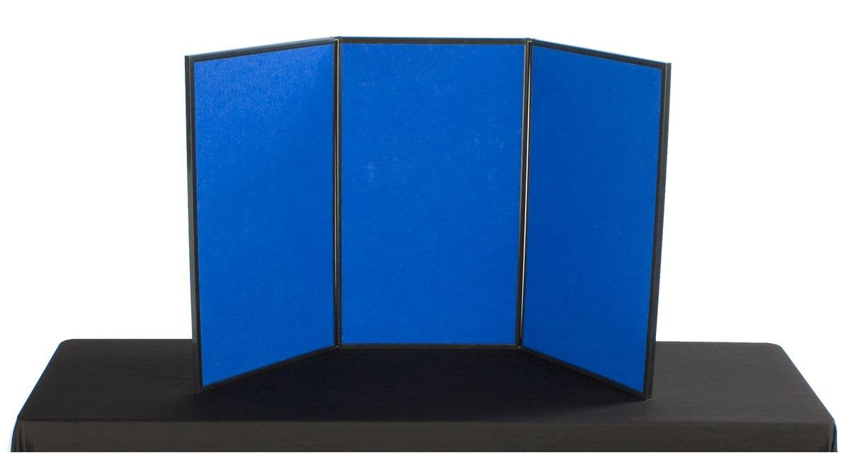 3-Panel Table Presentation Board, 54 x 30 - Blue Hook & Loop Fabric and White, Dry-Erase Write-on Panels