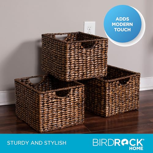 BIRDROCK HOME Storage Shelf Organizer Baskets with Handles - Handwoven Abaca Seagrass Wicker Basket for Pantry, Living Room, Office & Bathroom, Versatile Under Shelf Storage - Set of 3, Brown Wash