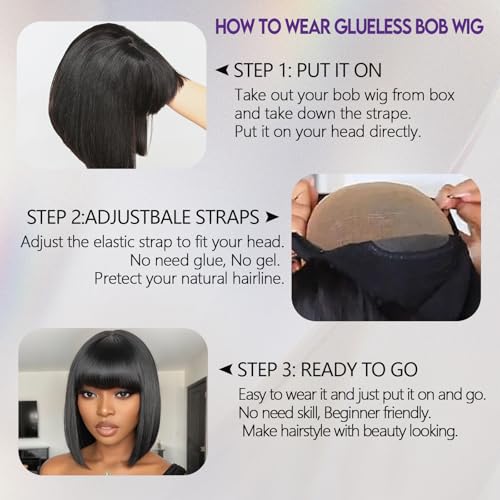 BAOHUKE 10 Inch Yaki Straight Bob Wig With Bangs Human Hair Glueless 2x1 Closure HD Lace Short Black Bob Wigs With Bang Human Hair Ready to Go 180% Density For Black Women