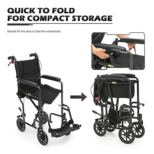 monicare Wheelchairs for Adults 16 inch Seat Folding Compact Transport Chair with Loop-Lock Handbrakes and Back Folds Down Foldable Lightweight Wheel Chair for Storage, 250 lbs Capacity, Black