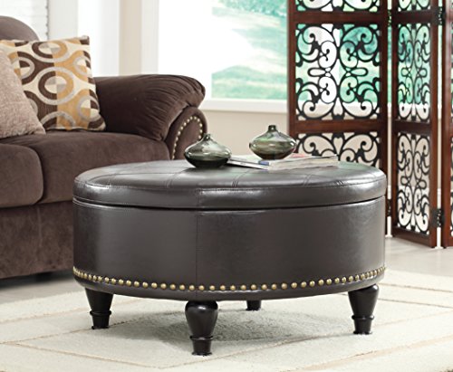 INSPIRED by Bassett OSP Home Furnishings Augusta Round Storage Ottoman with Decorative Nailheads and Flip Over Lid with Serving Tray Surface, Crimson Red Faux Leather