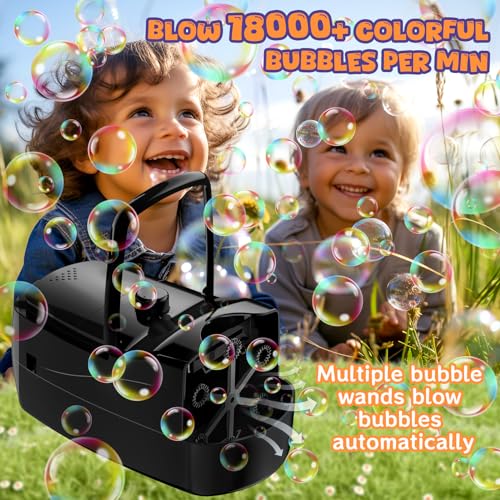 Bubble Machine,18000+ Big Bubbles/Min Automatic Bubble Blower for Kids with 2 Speeds,6 Wands,Operated by Plugin or Batteries Bubble Maker for Outdoor/Indoor Birthday Parties,Wedding (Black)