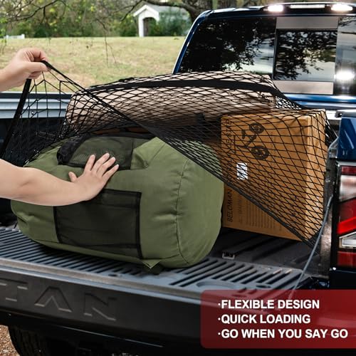 Cargo Net for Pickup Truck Bed,Truck Bed Net,Stretchable Mesh Organizer for Pickup Trunk Bed,Truck Cargo Net with 4 Pcs Metal Carabiner Clips and 4 Hooks,Suitable for Daily Light Loads of Trucks SUV