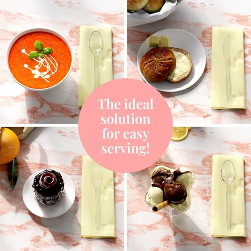 Prestee 300-Piece Plastic Cutlery Set - 100 Each of Clear Plastic Forks, Knives, Spoons - Heavy Duty Silverware for Parties - Disposable Utensils for Weddings and Buffets