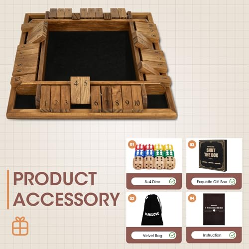 VAMSLOVE Shut The Box Dice Game Wooden Board for 2-4 Player, 4 Sided 10 Numbers Math Games with 8+4 Dices Close The Box for Kids Adults(Instructions Included)