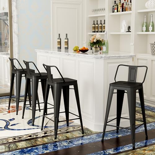 Changjie Furniture Industrial Metal Bar Stools with Backs Set of 4, Counter Height Barstools for Home Kitchen, Durable and Stylish Bar Stools Set (24 inch, Matte Black)