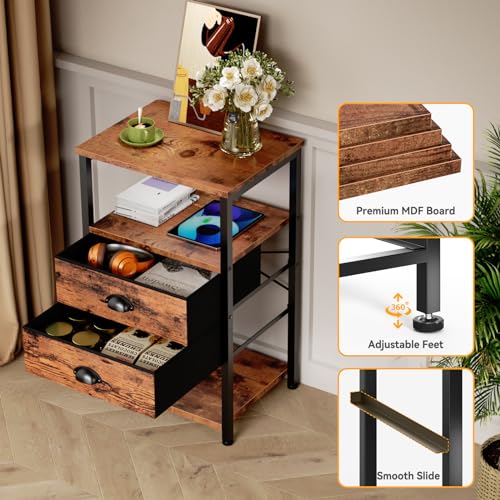 Furologee Nightstand with Charging Station, White Night Stand with LED Lights, 3-Tier Storage End Table with Fabric Drawers, Side Table with USB Ports & Outlets for Lving Room/Bedroom