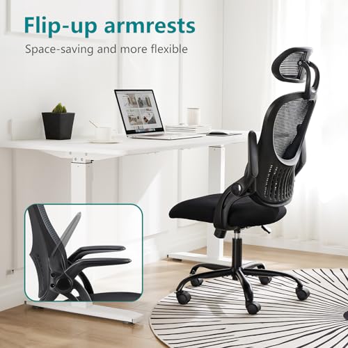 SMUG Office Desk Computer Chair, Ergonomic High Back Comfy Swivel Gaming Home Mesh Chairs with Wheels, Lumbar Support, Adjustable Headrest,Comfortable Pillow,Soft Arms,120°tilt for Bedroom,Study,Black