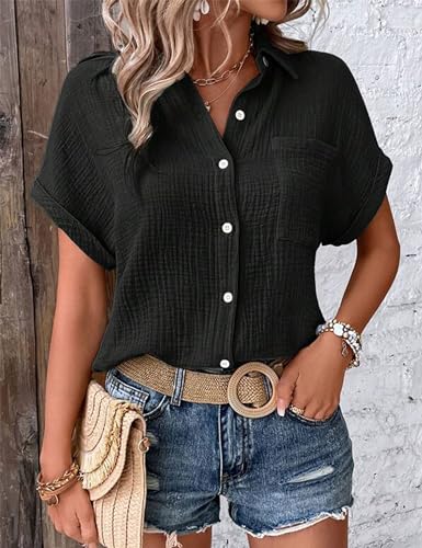 Zontroldy Women's Spring Summer Button Down Shirts Collared V Neck Short Sleeve Blouse Tops(0533-Black-S)