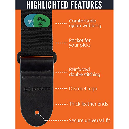 Protec Guitar Strap with Leather Ends and Pick Pocket, Black