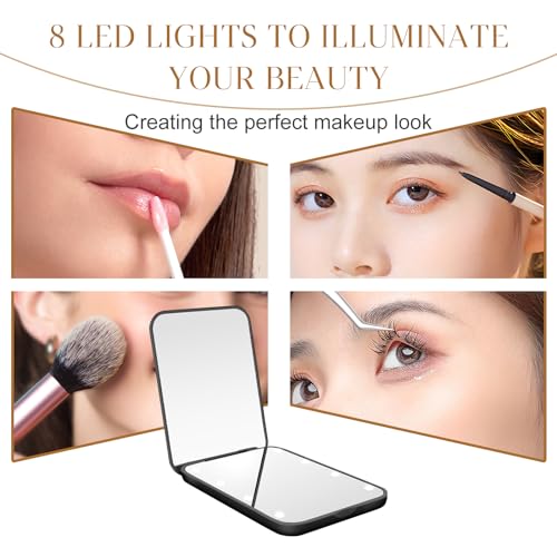 Kakuje Travel Mirror with Light, 1X/3X Magnification LED Compact Mirror with Nternal BIattery, Black Mini Mirror for Purse, Pocket,Travel and Present