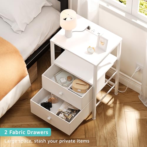 KAI-ROAD Black Night Stand with Charging Station and USB Ports, Small Nightstand with Drawers and Shelf Storage End Table for Bedroom, Dorm, Modern Bedside Table