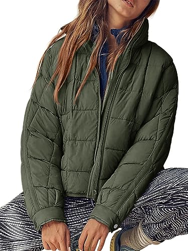 Muchpow Women's Lightweight Down Coat Long Sleeve Full Zipper Oversized Packable Short Puffer Jackets(Army Green,Small)